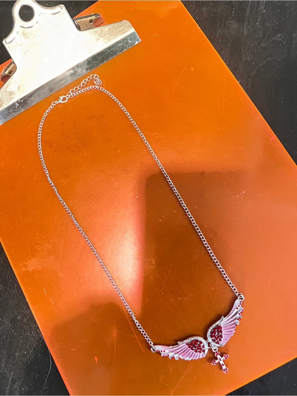 Silver-Tone Winged Pendant Necklace with Pink and Red Accents